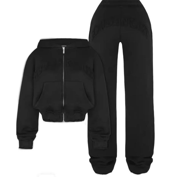 Sports Kostym Zip-up Hooded Cropped Sweatshirt Topp och lösa byxor