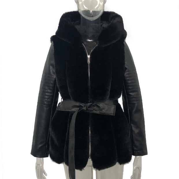 Ny stil Päls Bälte Hooded Zipper Jacket Damkläder